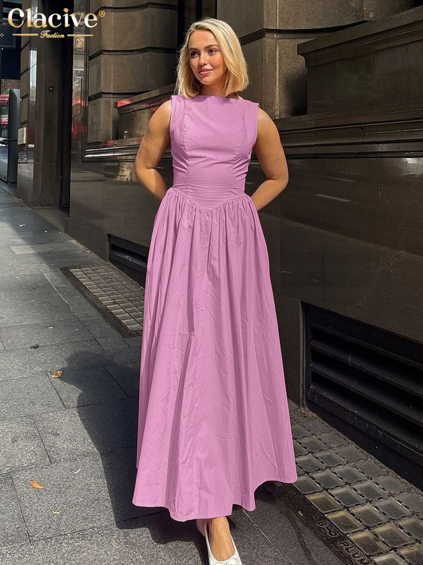 Clacive Summer Slim Pink Women's Dress O-Neck Sleeveless Ankle Length Dresses Classic Pleated Female Dress: M