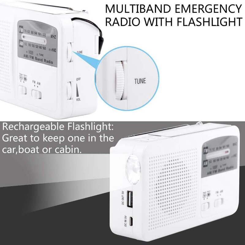 Emergency Radio with Solar and Hand Crank Self Powered, Battery USB Recharging FM/AM Radio LED Flashlight Phone Charger