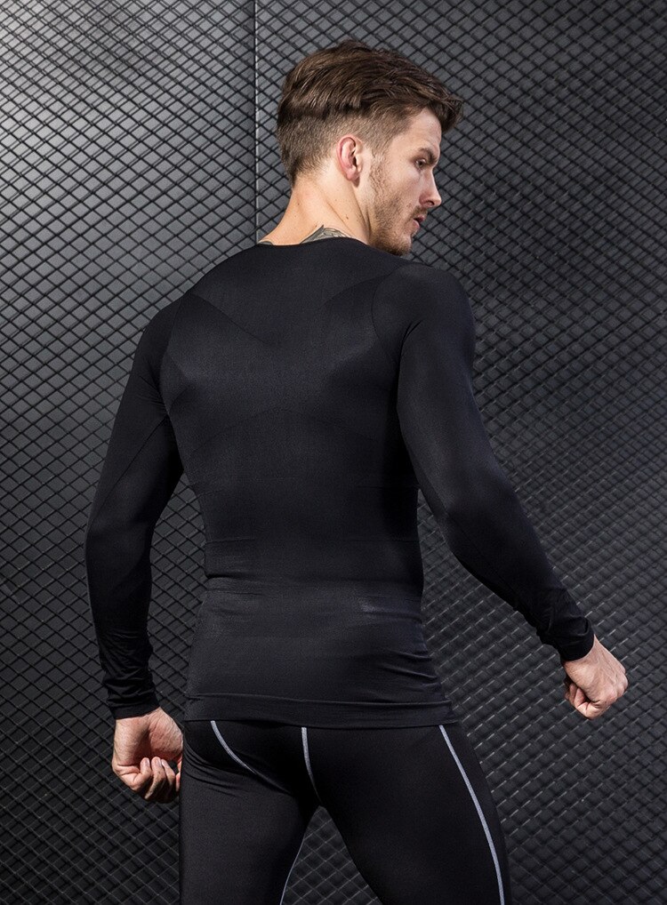 seamless long sleeve men body shaper t shirt sports training tights mens fitness gym tops clothing tee shirt homme