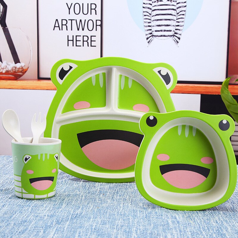 5 pièces/ensemble bébé dessin animé assiette vaisselle Anti-chute ensemble de vaisselle 4 fentes enfants vaisselle fourchette cuillère bambou assiette ensemble couverts: Frog