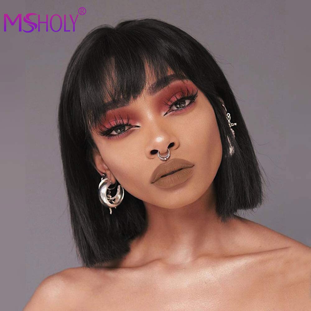 Black Bob Wigs For Women 12 Inch Short Straight Hair Wig Ombre Brown Natural High Temperature Synthetic Wigs Daily Party Msholy