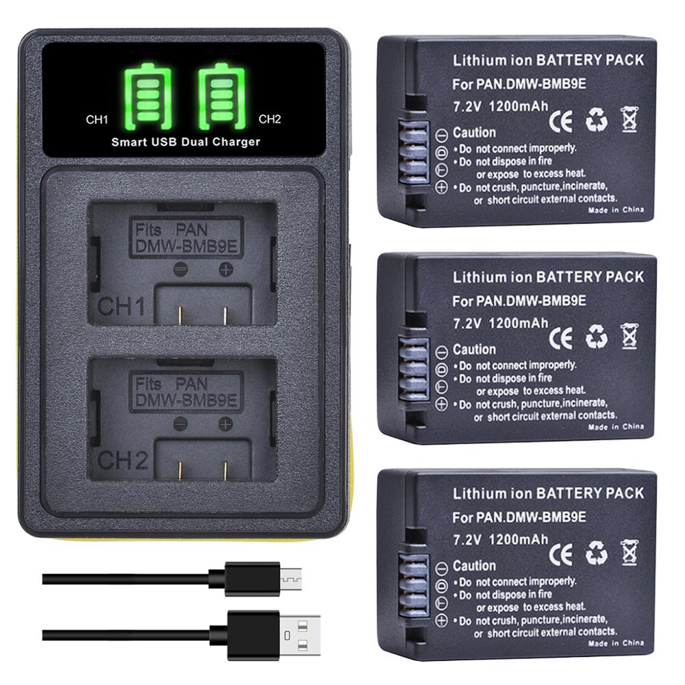Batería de DMW-BMB9 y cargador LED, accesorio para Panasonic Lumix DMC FZ40K FZ45K FZ47K FZ48K FZ60 FZ70 FZ100 FZ150 DMWBMB9, DMW-BMB9E: 3 battery 1 charger
