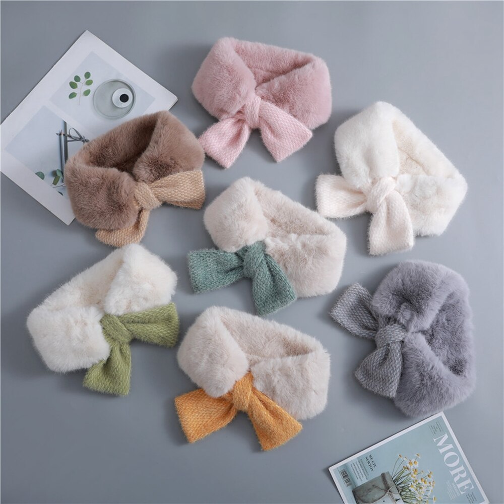 Neue Winter Baby Mädchen Pelz Warme Halstuch Bowknots Kragen Kleinkinder Kinder Patchwork Kreuz Schals