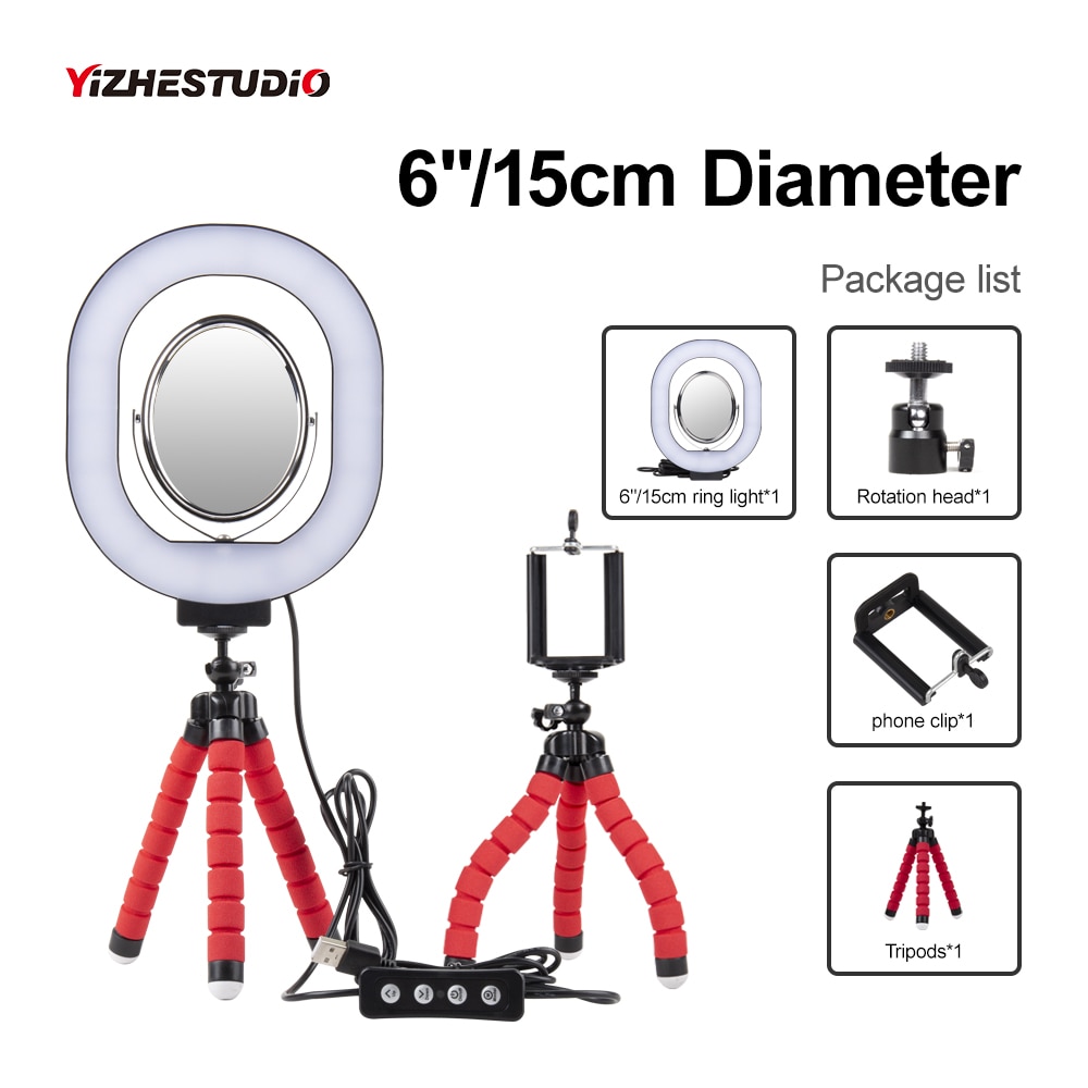 Yizhestudio 6" LED Selfie Ring Light with mirror for selfie brightness settings makeup ring light for live video Cosmetics