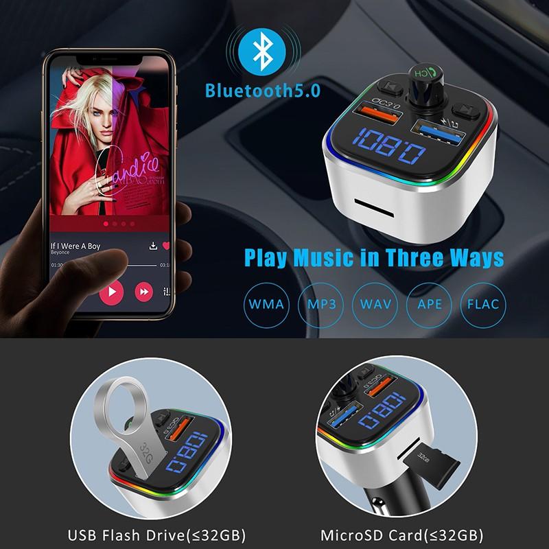 transmisor FM coche Bluetooth modulador FM con luz colorida reproductor MP3 sin pérdidas coche QC 3,0 adaptador de receptor de cargador rápido
