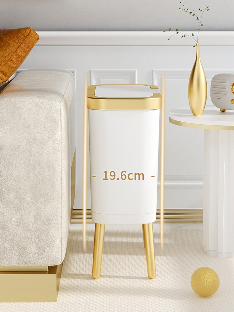 Luxe Gouden Prullenbak Creatieve Viervoeter Hoge-Voet Push-Type Plastic Smalle Vuilnisbak Met Deksel Voor Thuis keuken Badkamer 15L