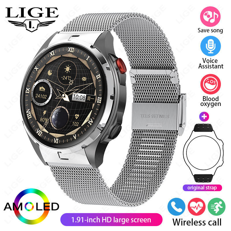 LIGE AMOLED Screen ricarica Wireless NFC Smart Watch Sport impermeabile orologio da uomo Smartwatch da donna 1GB grande memoria chiamata Bluetooth: YELLOW