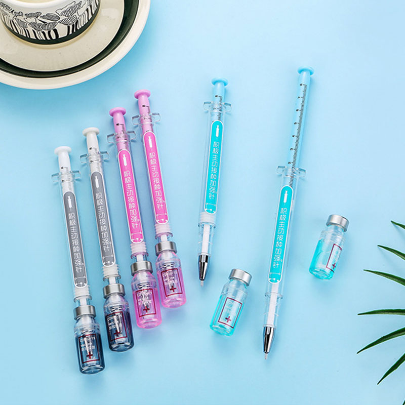 12pcs Syringe Gel Pen Simulation Eliminates Injection Syringe Shape Ballpoint Pen Black Signature Pen Simulation Vaccine Pens