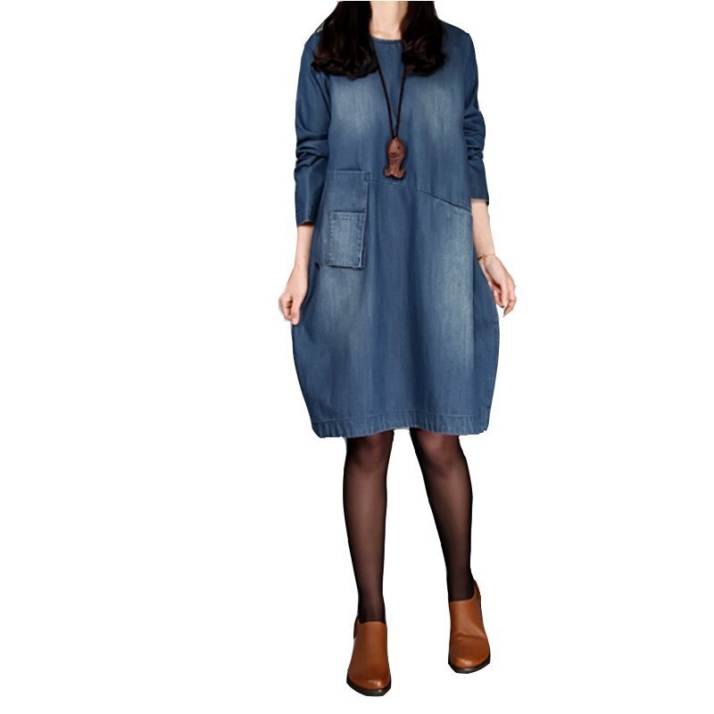 Maternity Denim Autumn Dress Long Sleeve O-Neck Loose With Pocket Dresses for Pregnant Women Pregnancy Comfortable Clothes