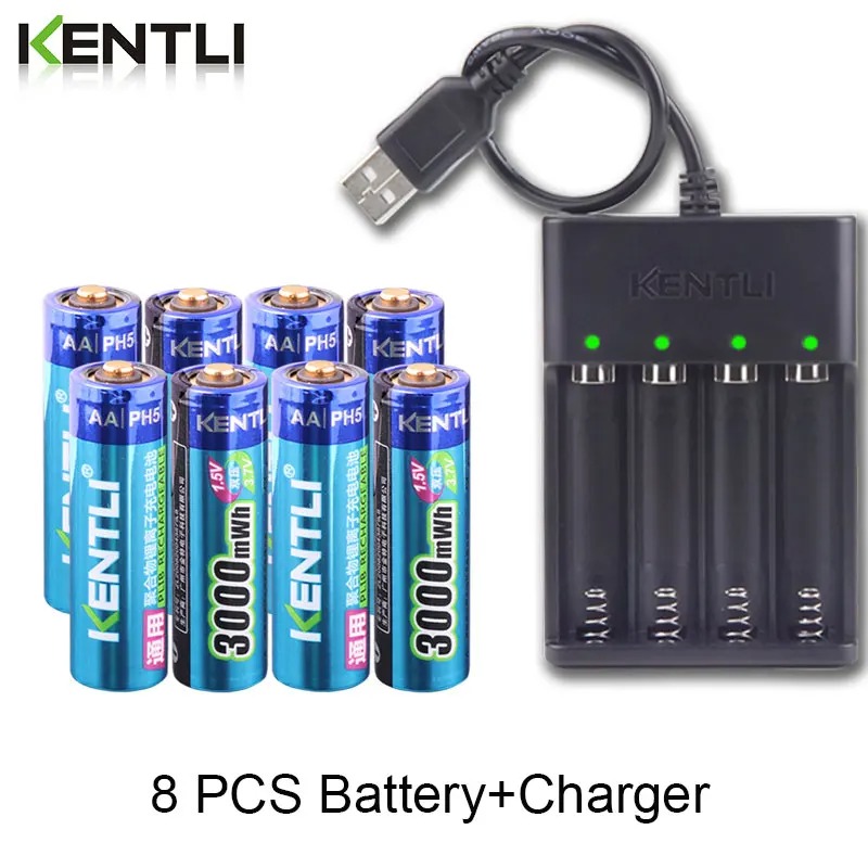 KENTLI 1,5 V 3000 mWh Lithium-Li-Ionen-AA-AA-Akku + 4-Kanal-Polymer-Lithium-Li-Ionen-Akku, Ladegerät: Rosa
