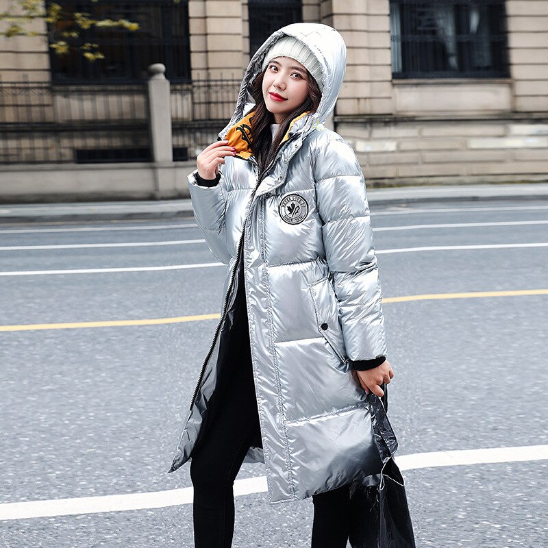 Glossy Silver Down Jackets Winter Women's Long Hooded Coat Parkas Thick Winter Jacket Women Outwear Oversized: Silver / M