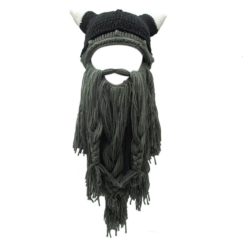 Adulto loco divertido Cosplay de Halloween de punto vikingo barba cuerno sombrero esquí máscara salvaje Vagabond Vintage Beanie Cap invierno más cálido