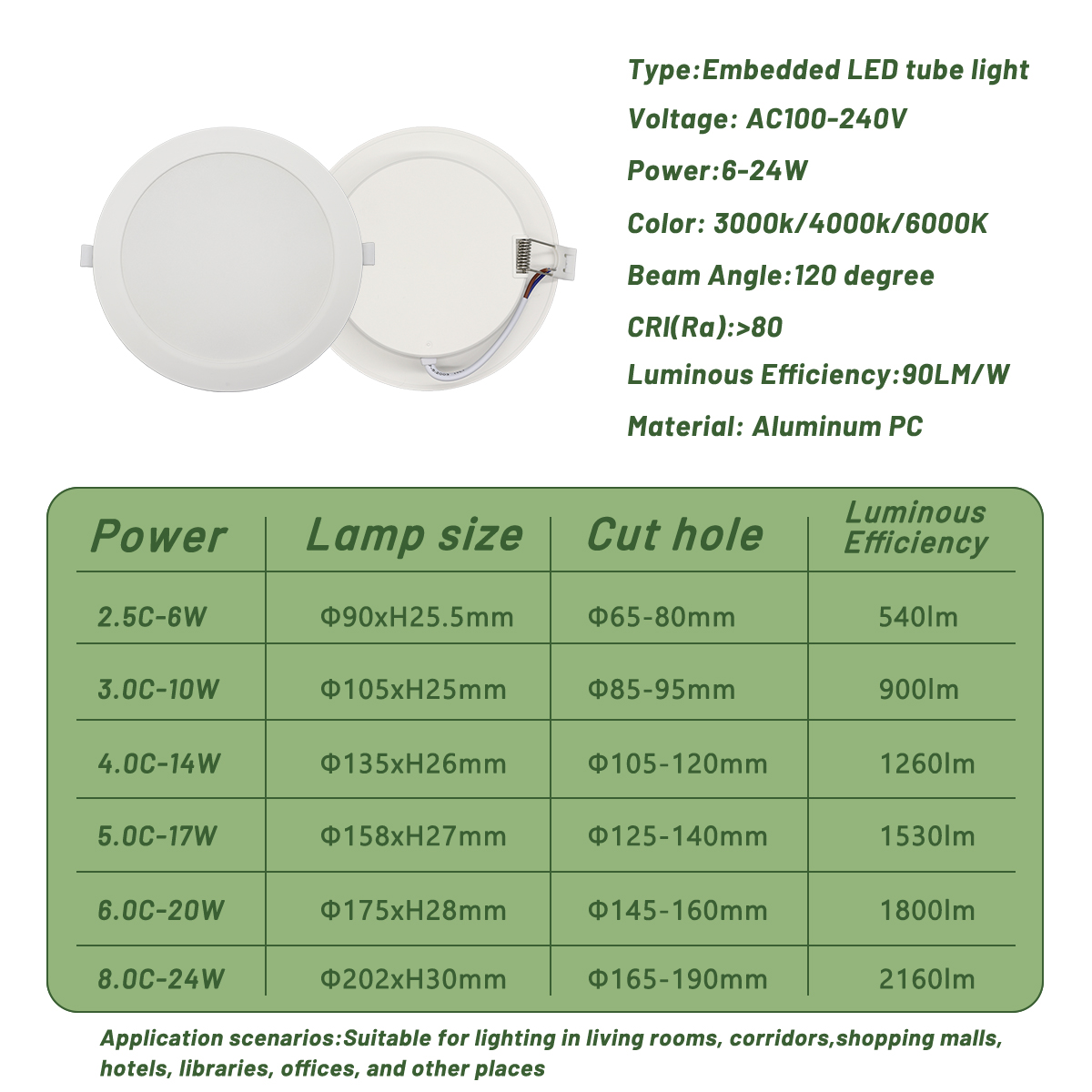 Lámpara de techo empotrable LED de 8 piezas AC100V-240V 6W-24W sin parpadeo adecuada para cocina, sala de reuniones y dormitorio.