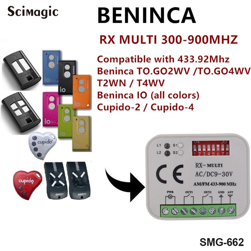 Beninca Ontvanger Rolling Code Afstandsbediening Schakelaar Garagedeur Afstandsbediening Ac/Dc 9-30V Algemene Commando Zender Rx multi 300-900Mhz