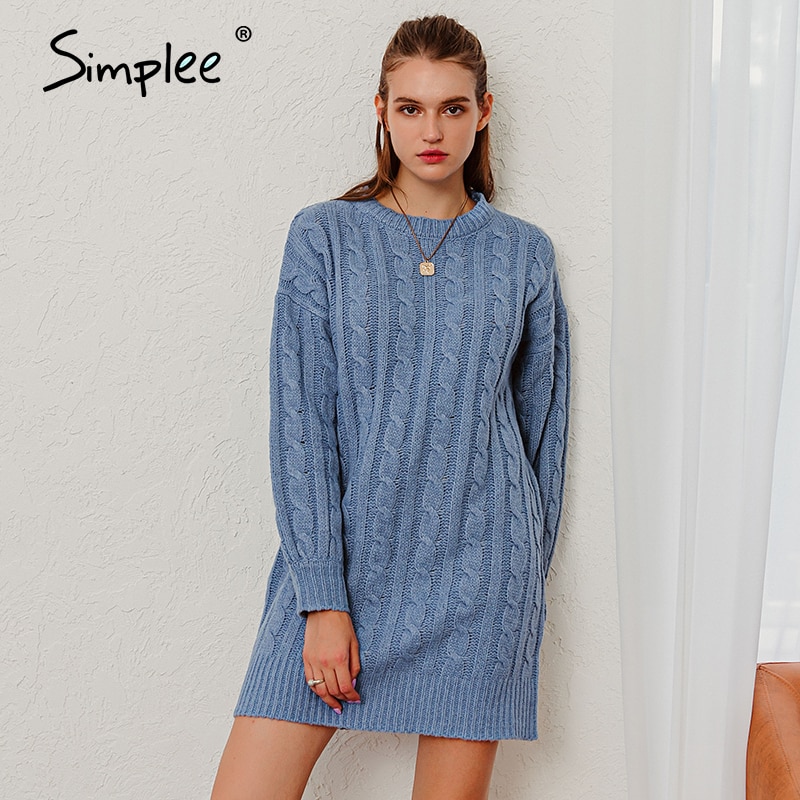 Simplee Causal blue autumn winter women knitted dress o-neck long sleeves straight dress basic sweater dress