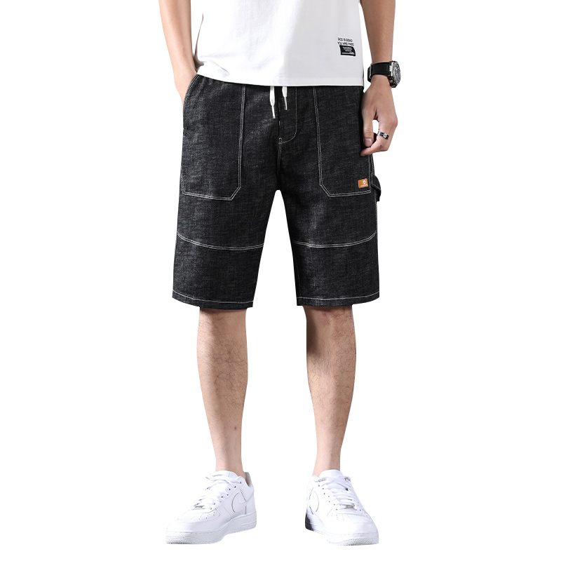 Men Solid Color Black Jeans Shorts Cool String Big Pocket Men Denim Shorts Straight Outdoor Knee Length Jeans Pants 28-38