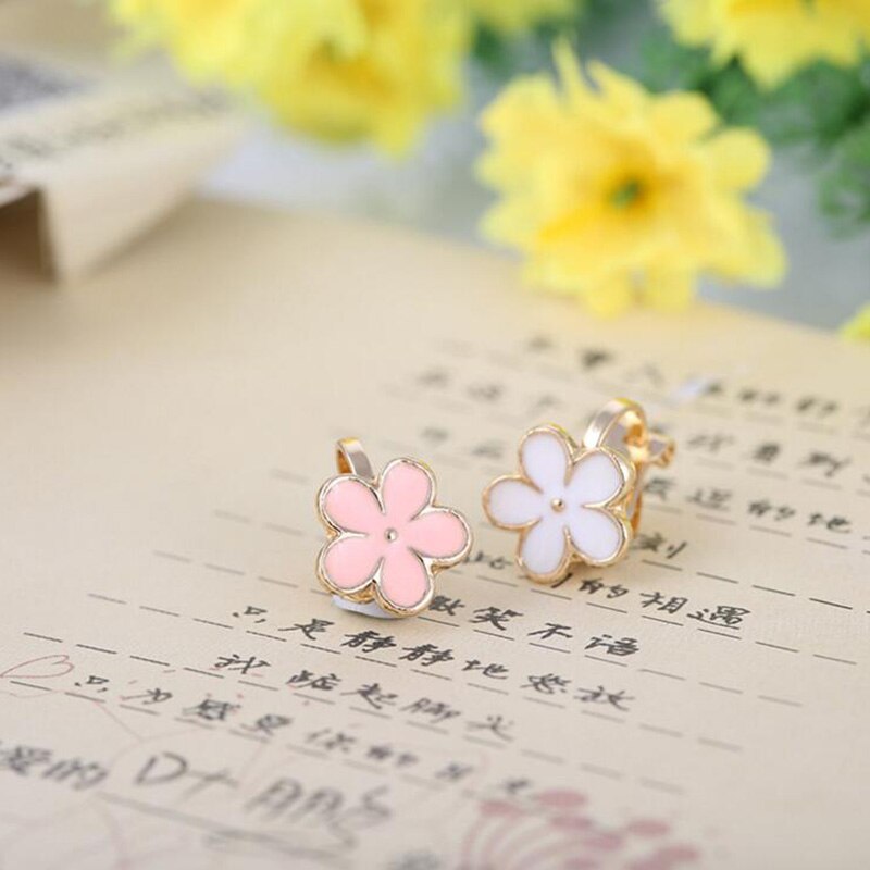 Grace Jun Korea Style Flower Shape Enamel Clip on Earrings Without Piercing for Girls Kids Party Cute Lovely No Hole Ear Clip