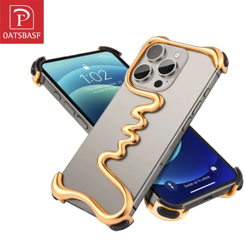 Oatsbasf Metal Phone Case for iPhone 14 15 16 Pro Max Bazel-Less Phone Protective Cover Air Cusion Anti Bumper Slim Case