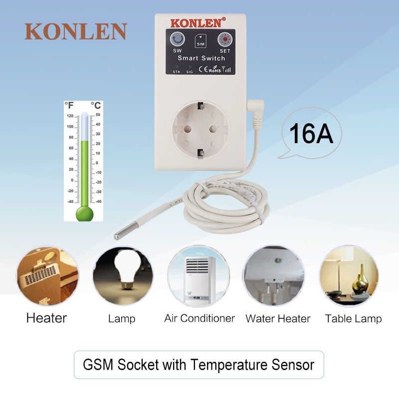 16A GSM Buchse EU Steckdose Relais Schalter Fernbedienung Heimat Kontrolle Garage Tür Tor Öffner SMS Temperatur Regler mit Sensor