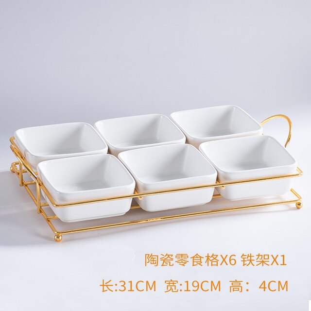 De cerámica bandeja de comida con divisores hogar fruta Bol para bocadillos bandeja de almacenamiento con soporte de hierro decoración de bandejas de ensalada: white6