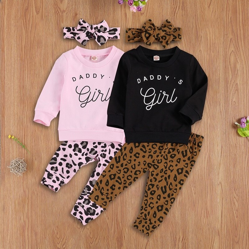 Spædbarn børn baby piger 3 stk outfit sæt langærmet brev t-shirt leopard bukser pandebånd forår efterår tøj
