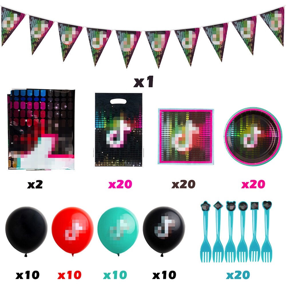 124Pcs Music Notes Theme Party Supplies Happy Birthday Party Fans Banner Balloons Treat Bag Table Cloth Plates Kit Short Video