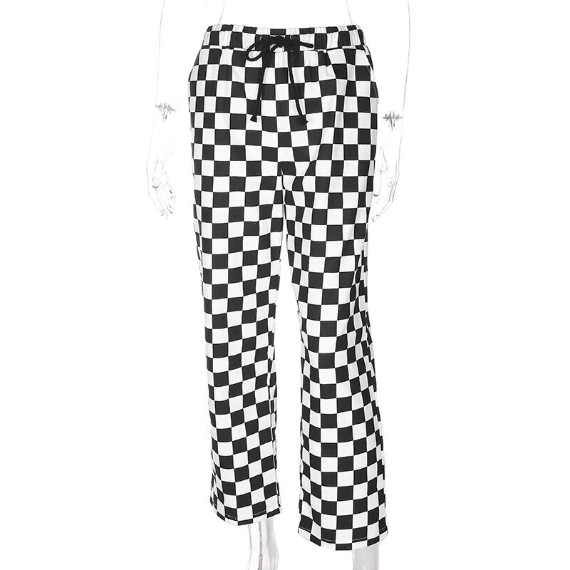 Zwart en Wit Geruite Broek Womens Hoge Taille Geruite Rechte Broek Casual Losse Mode Broek Pantalon Femme Joggingbroek: M