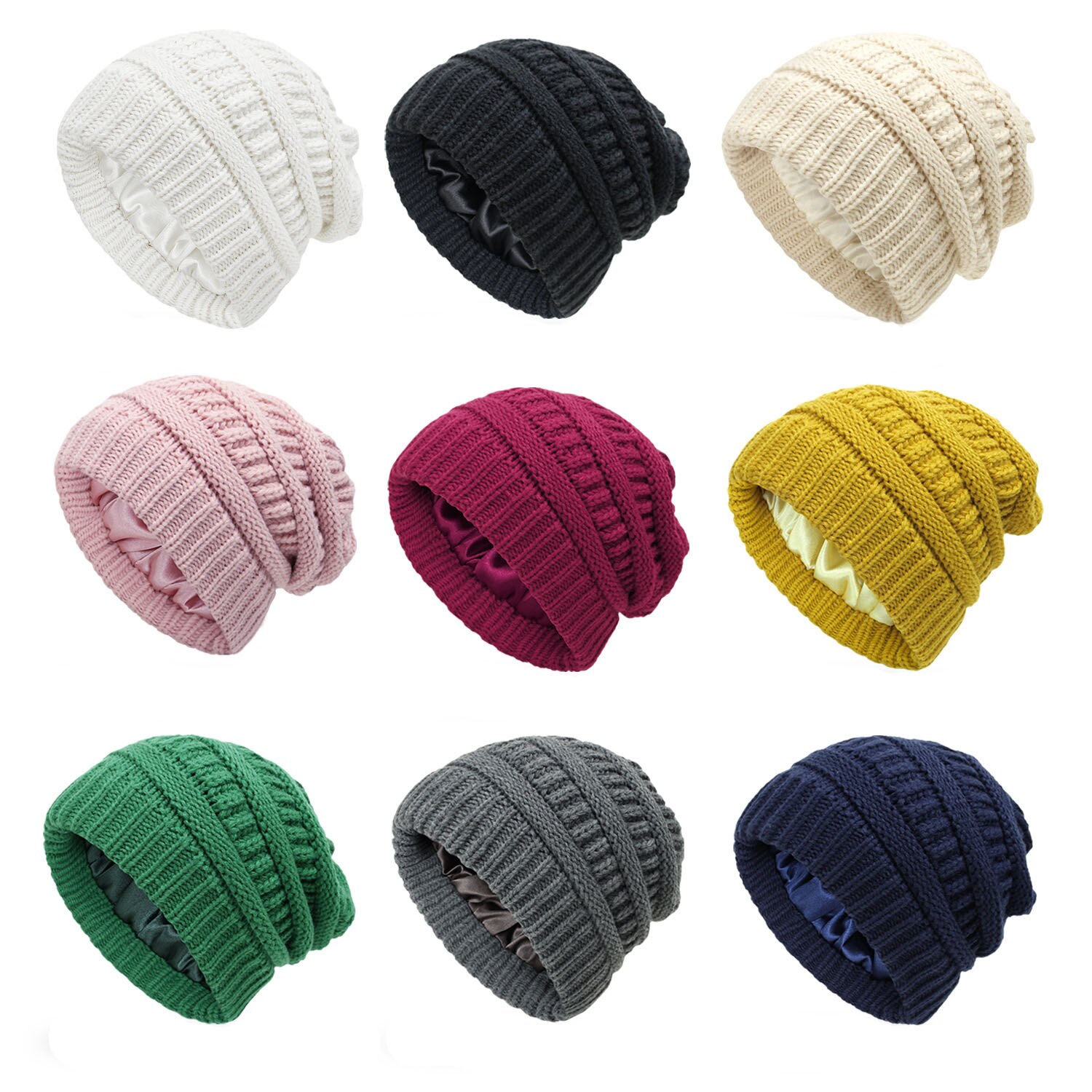 Gorro de lana con forro de satén para hombre y mujer, gorro de lana forrado de seda, holgado, cálido, para invierno