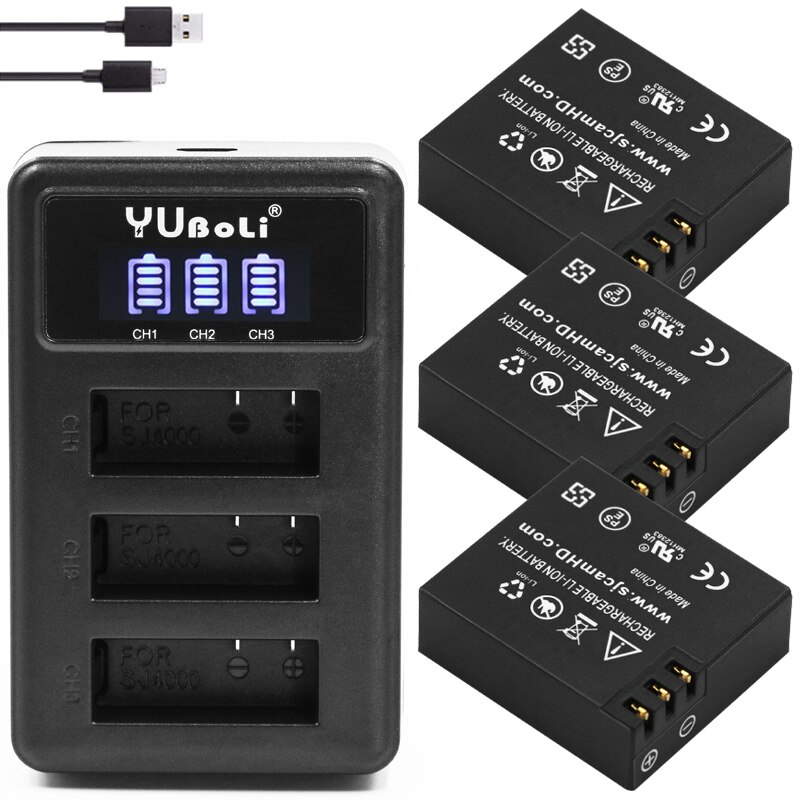 original SJCAM sj4000 battery sj5000 sj6000 battery + USB 3lots battery charger for SJCAM sj 4000 5000 6000 SJ M10 camera: charger and 3battery