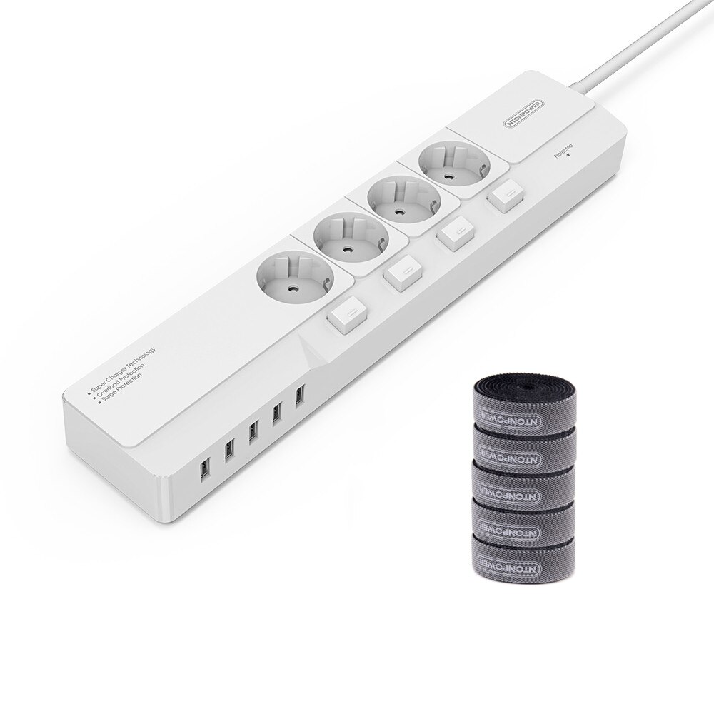 NTONPOWER Power Strip - 4000W 16A - 4 AC Outlets + 5 USB Ports - 1.5m Cable - Surge Protector with Switch: White Group