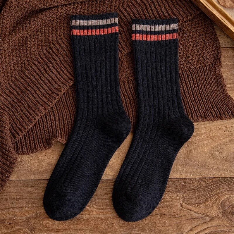 Chaussettes Vintage en coton pour femmes, longues, amples, solides, tricotées, rayées, respirantes, collection printemps-automne: Black