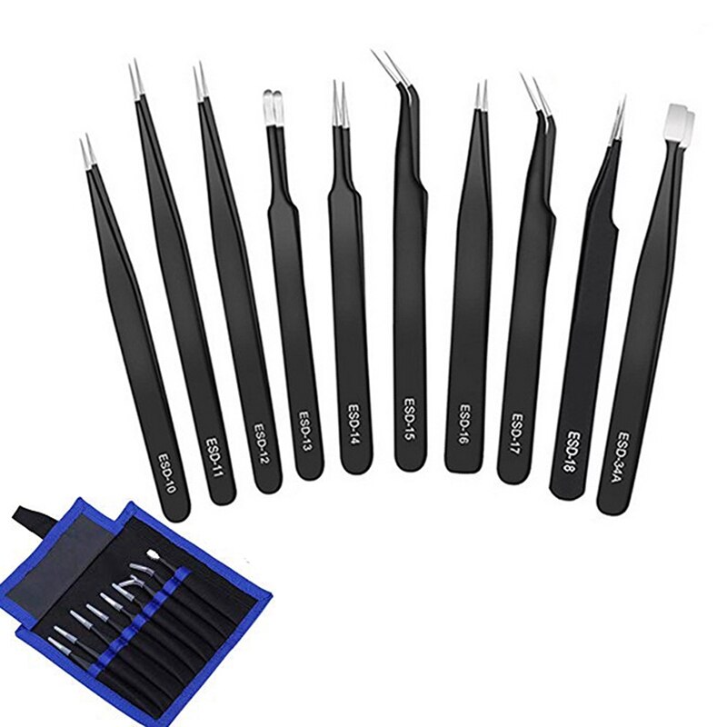 10Pcs ESD Stainless Tweezers Tool Set High Precision Tip Curved Straight Antistatic Tweezer Nipper Repair Tool