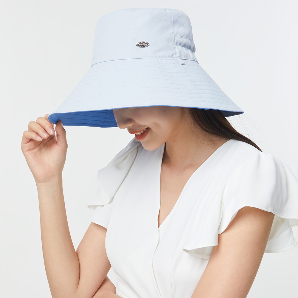 OhSunny Double-Sided Wearing Cap Solid Color Anti UV Sunscreen Bucket Hats For Women Summer Foldable Large Brim Fisherman Hat: Gray Blue