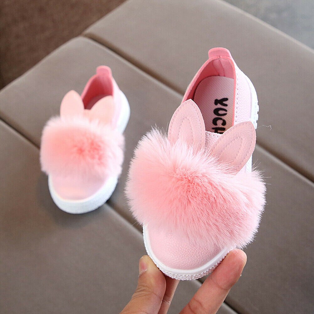 Baby første vandrere prinsesse spædbarn barn baby piger kanin afslappede sko solid skridsikker blød sål fluffy lodne baby sko