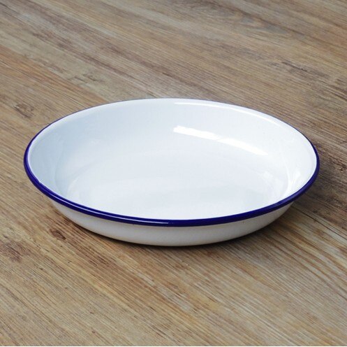D 22 cm deep plate Enamel deep dish baking dish pasta dish round deep white with blue red side 8.5 inches: white with blue side