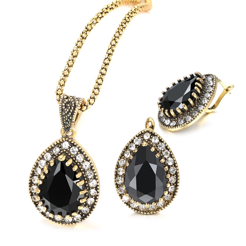 Kinel Zwarte Steen Vrouw Sieraden Set Mode Dubai Gold Oorbellen Ketting Vintage Bruiloft Sieraden: Black