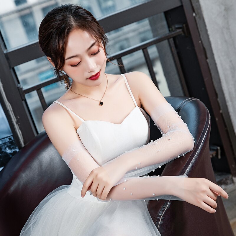 Women Elbow Long Fingerless Wedding Gloves For Bride Pearls Beaded Evening Party Accessories: White