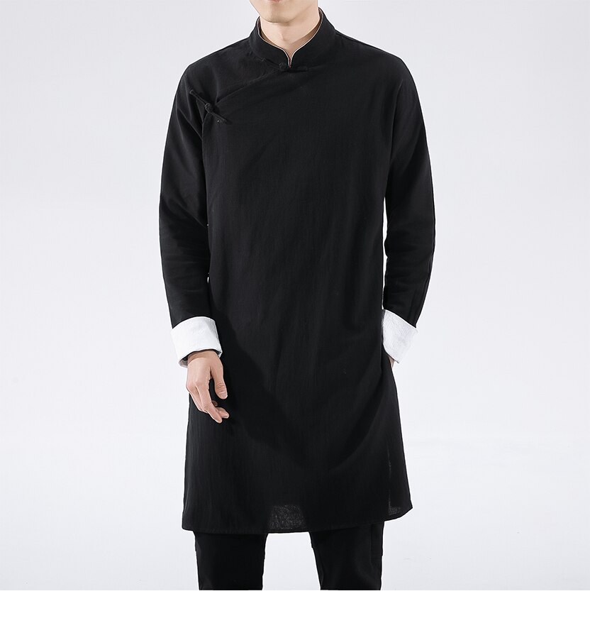 Hanfu – Long manteau noir en lin pour homme, Streetwear, Style chinois, Harujuku, coupe-vent,