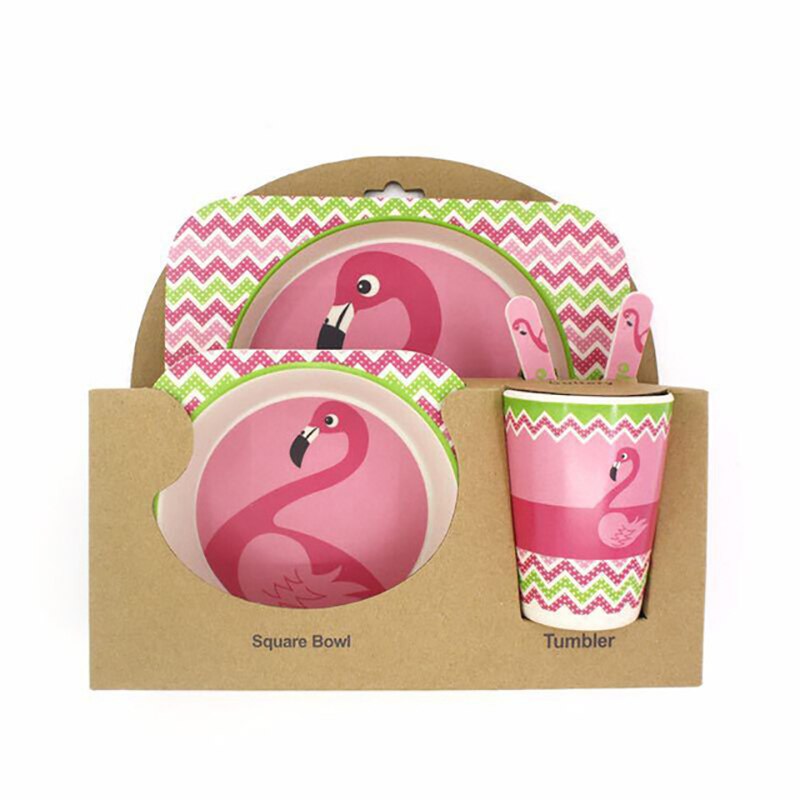 5 stk/sæt baby fad service sæt spædbørn spise tallerken børn miljøvenlig naturlig bambus fiber spisestel foder fade nbb 0038: Flamingo