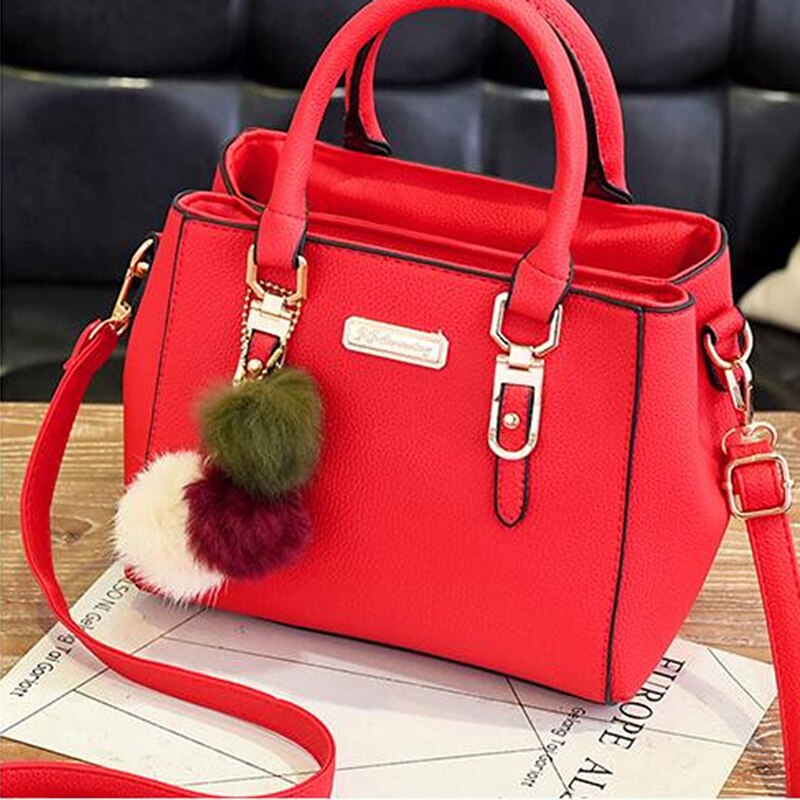 Women Furry Ball Multifunction Pu Leather Waterproof Handbag Simple Women's Large Capacity Diagonal Bag: Big red