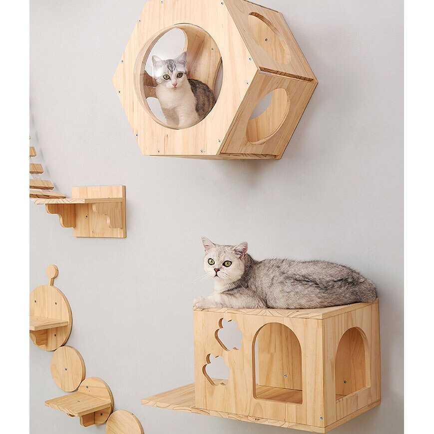 Cat Climbing Frame Solid Wood Cat Tree Wall-mounted Playing Jumping Platform Ladder Cat Litter Toys Scratching Post Pet Supplies