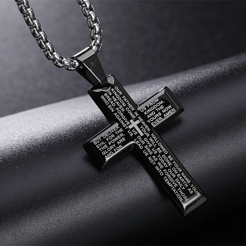 Retro Christian Jesus Single Titanium Scripture Cross Necklace Stainless Steel Black Prayer Choker Cross Pendants For Men Colar