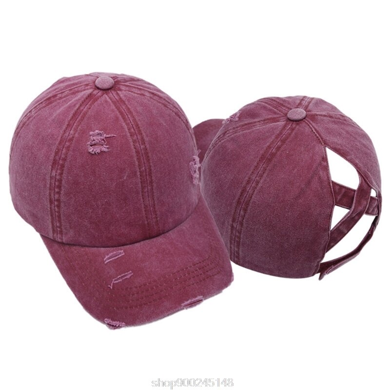 Femmes lavé casquette de Baseball crème solaire en détresse déchiré Criss croix haute queue de cheval réglable chapeau de relance N12 20 directe: Vin rouge