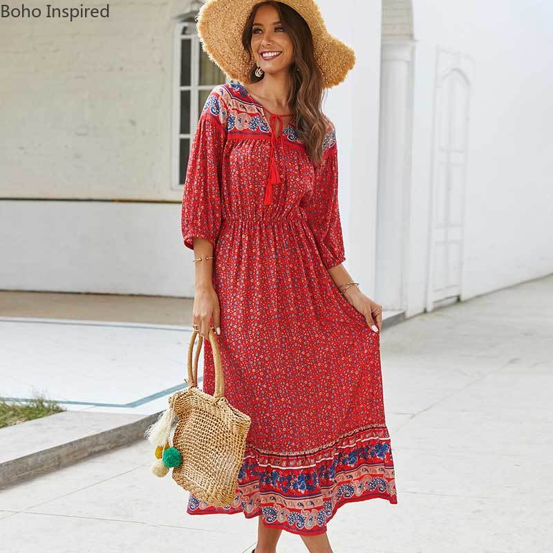 Boho inspiroitu kukkaprintti pitkä boho mekko puuvilla kevät kesä mekko tupsu sidottu v-pääntie rento naisten mekko boheemi mekko: Punainen / S