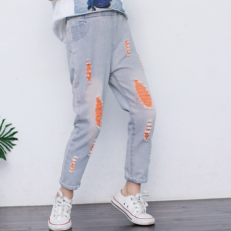 nouvelle multicolore trou petite fille jean garçon printemps et été Denim décontracté lâche revers jean enfants pantalons: Orange hole / 7