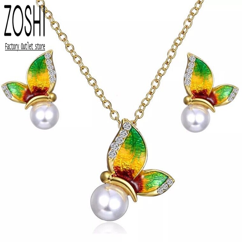 Bohemian Vlinder Kettingen Voor Vrouwen Gouden Ketting Gesimuleerde Pearl Stud Oorbellen Enamel Ketting Sets Winter Sieraden Set: greenH72659
