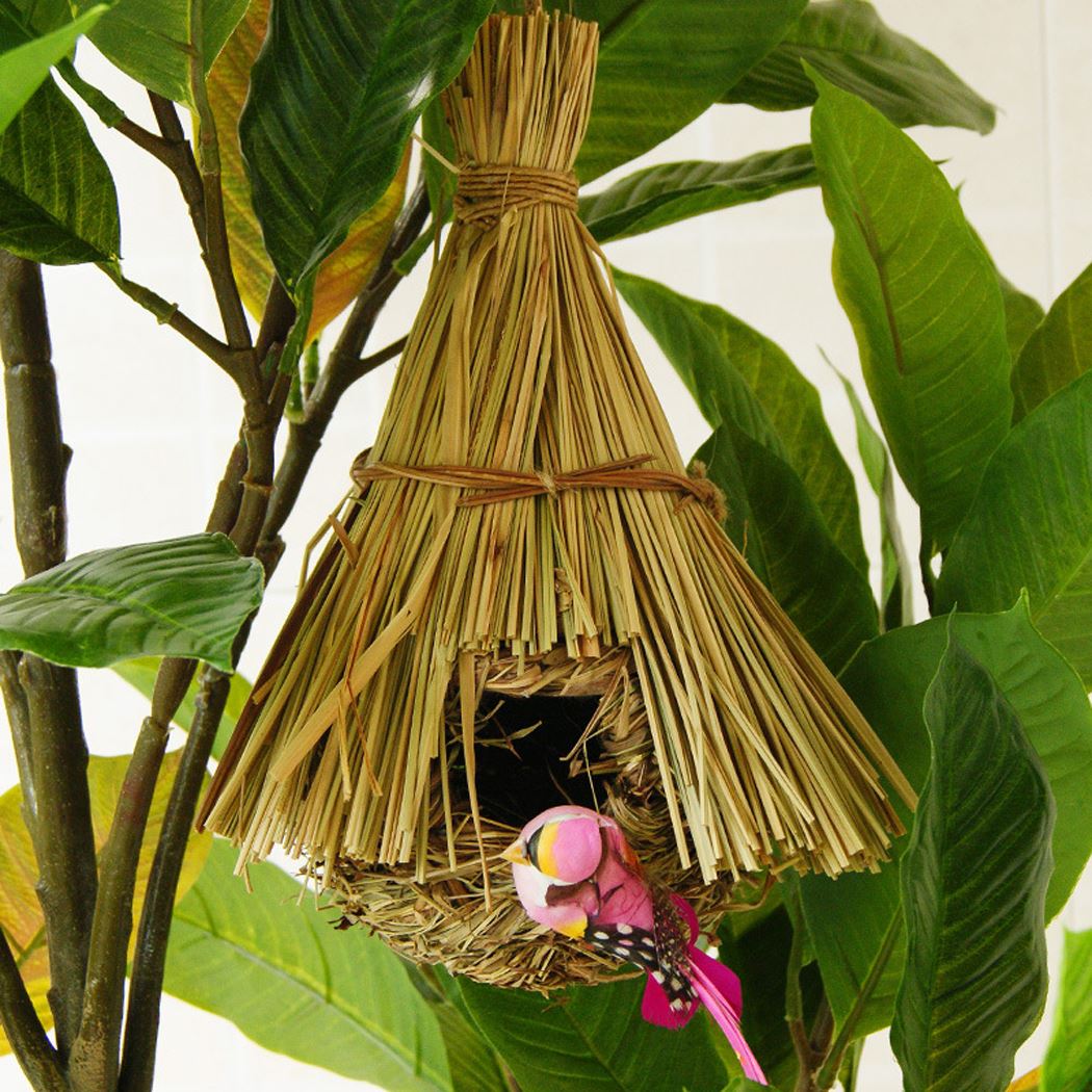 1PC Natural Khaki Straw Bird Nest Handmade Birdhouse Parrot Hanging Cave Woven Bird Cage Home Yard Decoration Small Pet Supplies