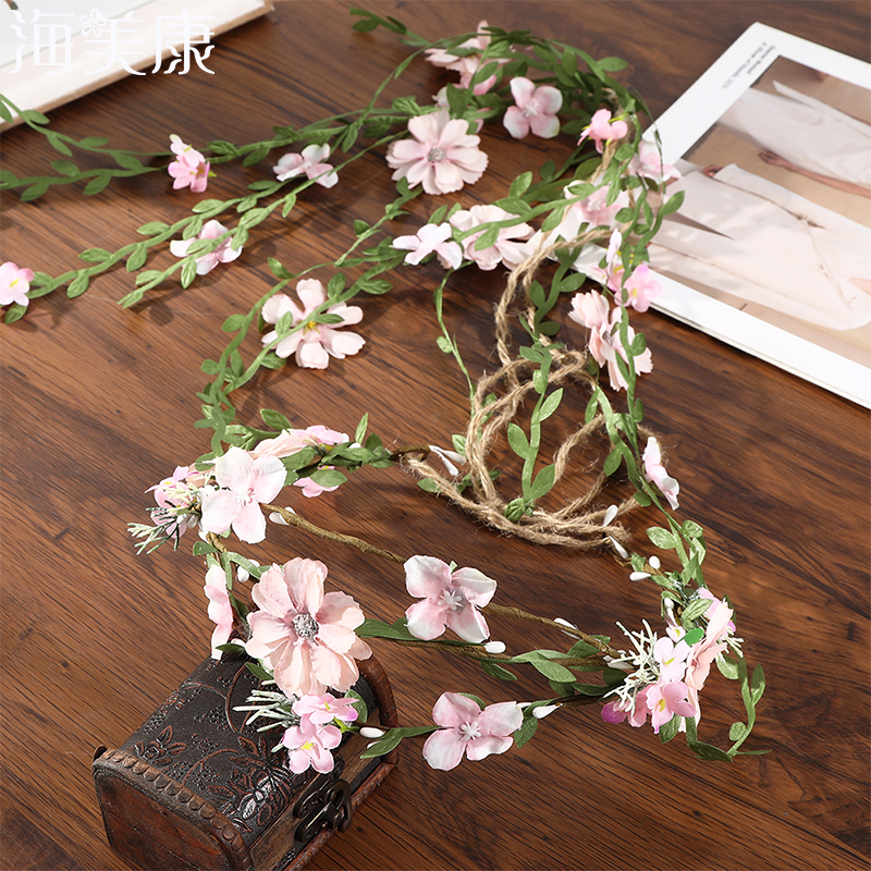 Haimeikang-Diadema de corona de flores para mujer, guirnalda de flores de melocotón, bandas para el cabello nupciales de boda, bandas florales para mujer, hoja de vid para