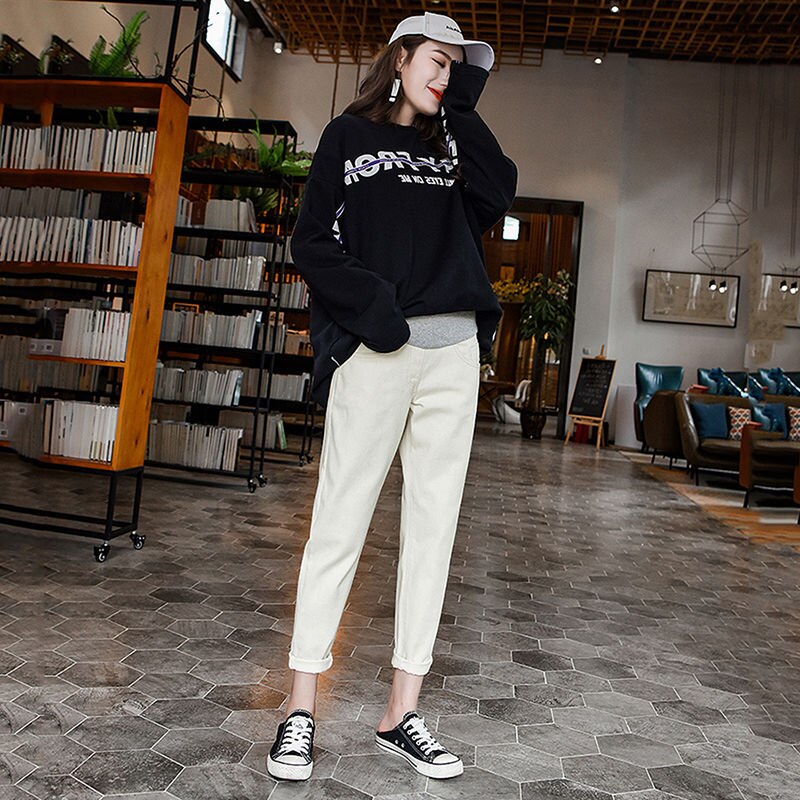 Winter Fleece Loose Cooton jeansy ciążowe ciążowe spodnie ciążowe dżinsy typu Boyfriend spodnie ciążowe dla kobiet w ciąży ubrania