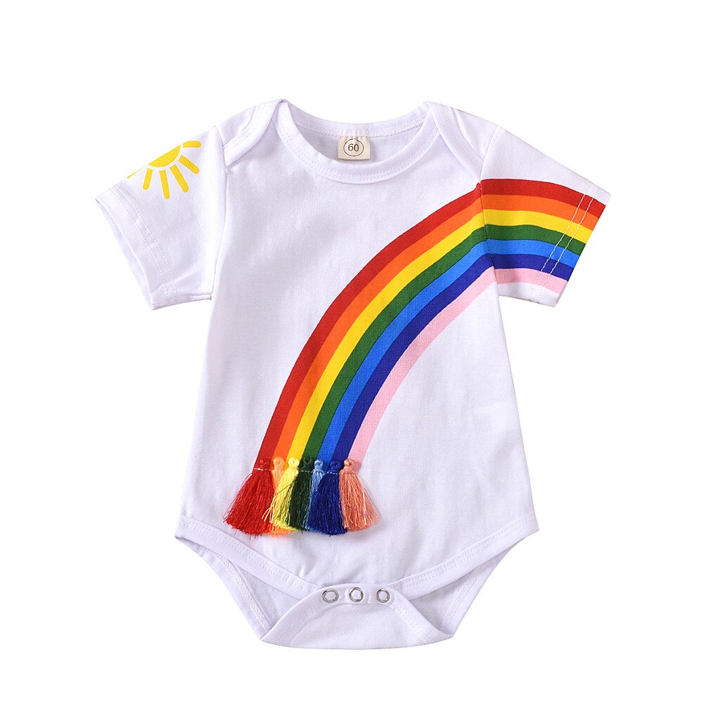 Novo verão bebê macacão recém-nascido infantil meninas meninos moda arco-íris franja impresso borla manga curta bodysuit roupas casuais: 0-3M